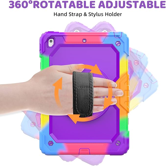 BLOSOMEET Case for iPad 9th/8th Generation 2021/2020 10.2 Inch with Tempered Glass Screen Protector |Rugged Shockproof iPad 7th Gen Kids Cover 2019 w/Stand Pencil Holder & Hand Shoulder Strap|Purple