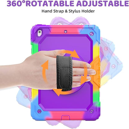 BLOSOMEET Case for iPad 9th/8th Generation 2021/2020 10.2 Inch with Tempered Glass Screen Protector |Rugged Shockproof iPad 7th Gen Kids Cover 2019 w/Stand Pencil Holder & Hand Shoulder Strap|Purple