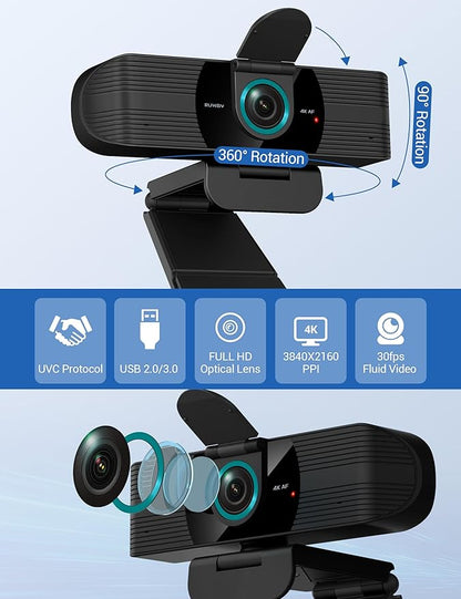 RUWBY UHD 4K Webcam with Built-in Dual Mics, Wide-Angle Lens, Privacy Cover, Tripod Stand, Autofocus Computer Camera, Plug and Play for Desktop PC or Laptop
