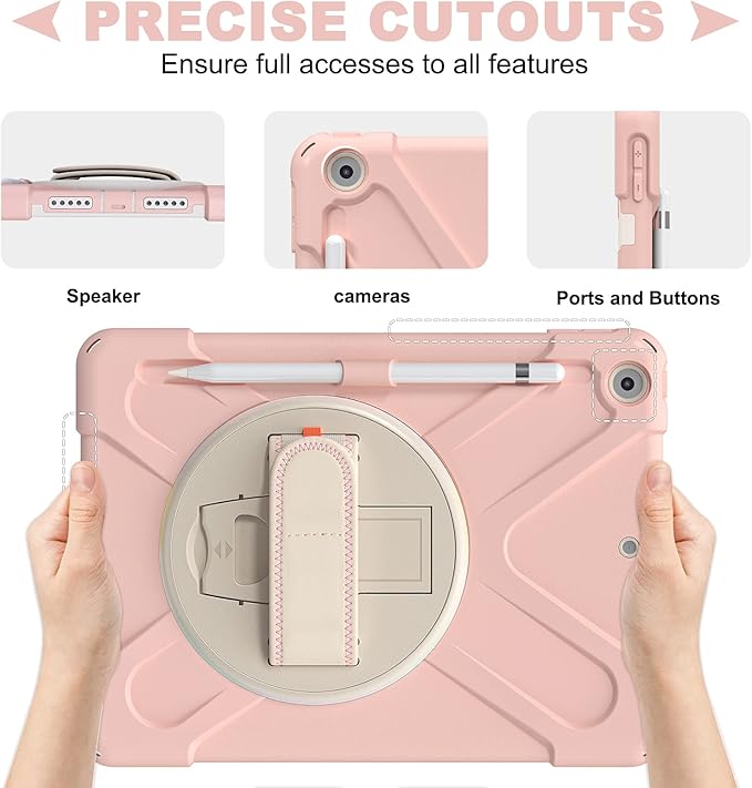 ZenRich Shockproof Case for iPad 9th/8th/7th Generation 10.2 inch 2021/2020/2019, Heavy Duty Rugged Case with Pencil Holder/360° Rotating Kickstand/Handle/Carrying Strap, SakuraPink
