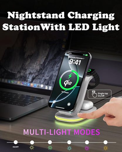 3 in 1 Wireless Charging Station for Qi2 Apple Multiple Devices, 30W USB C Adapter&Light, Fast Mag-Safe Charger Stand Compatible with iPhone 16 15 14 Pro Max, Apple Watch Series 10 9 & Airpods 4 3 Pro