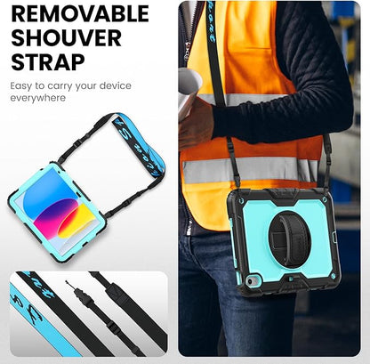 timecity for iPad (A16) 11th/ 10th Generation Case 11''/ 10.9 Inch (2025/2022) - Heavy Duty Protective Cover with Screen Protector, Stand, Shoulder Strap & Pencil Holder | Kids-Friendly - Light Blue