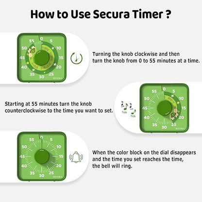 Secura 7.5-Inch Animal Pattern Visual Timer for Kids, 60-Minute Countdown Timer for Classroom or Kitchen, Durable Mechanical Timer Clock with Magnetic Backing (Green)