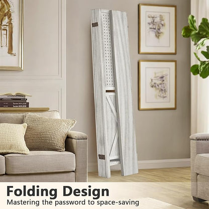 Aleesing 6 Panel Pegboard Display with 24 Hooks, Wooden Pegboard Room Divider Wall with Shelf, Partition Room Dividers and Folding Privacy Screens, Bedroom, Jewelry Store, White