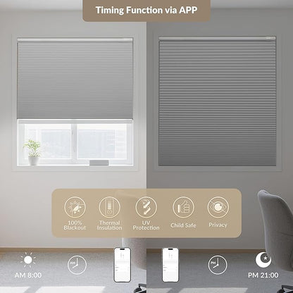 Boolegon No Drill Motorized Cellular Blinds with Remote Motorized Blackout Honeycomb Blinds for Indoor Windows Easy to Install Automatic Cellular Shades for Home,Blackout White,Custom Size
