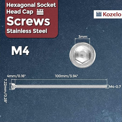 Kozelo 5pcs Socket Head Cap Screws - [M4-0.7 x 100mm] 304 Stainless Steel Allen Socket Drive for Electrical Motor 3D Printing Fan Engine Replacement Use, Silver