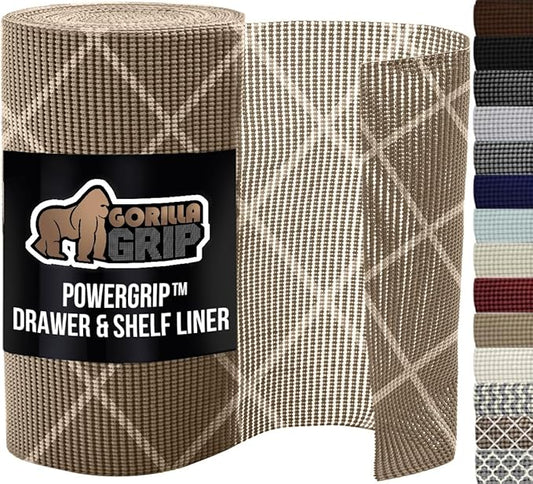 GORILLA GRIP powerGRIP Drawer Shelf and Cabinet Liner, Thick Strong Hold, Non-Adhesive Liners Protect Kitchen Cabinets and Cupboard, Bathroom Drawers, Easy Install, Breathable Mat, 12" x30', Beige