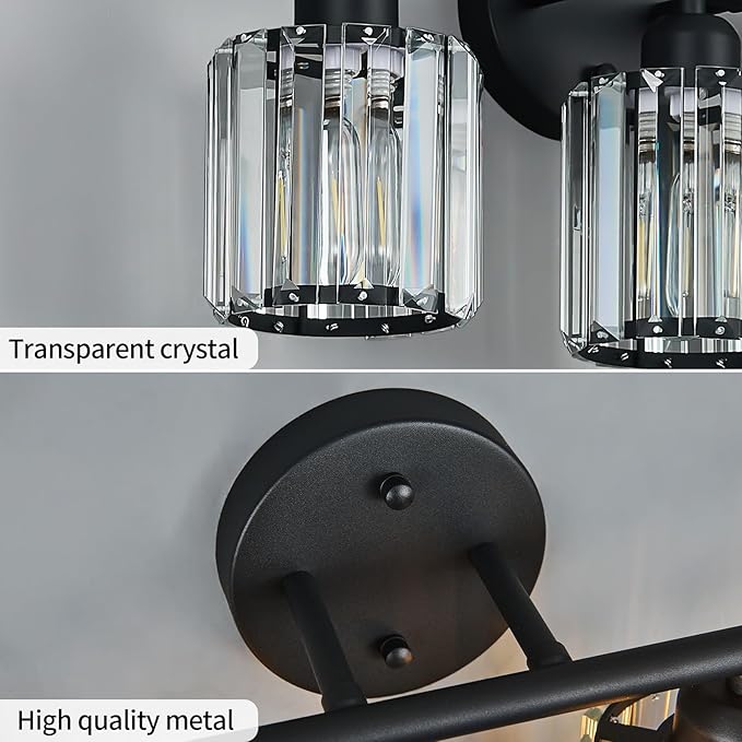 FDPBY Modern 4 Light Crystal Vanity Light, Black Vertical Bathroom Light Fixture Over Mirror for Dressing Table Sink, Compatible with Dimmable Bulbs (Bulbs Not Included)