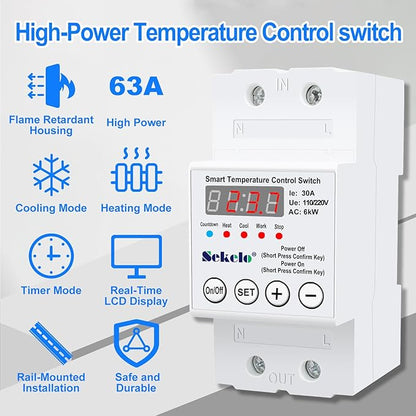 High-Power Temperature Control Switch, Rail-Mounted Digital Thermostat with Real-Time LCD Display for Heating & Cooling, 63A 110/220V, -40°C to 140°C, Ideal for Greenhouses, Aquaculture,Boilers