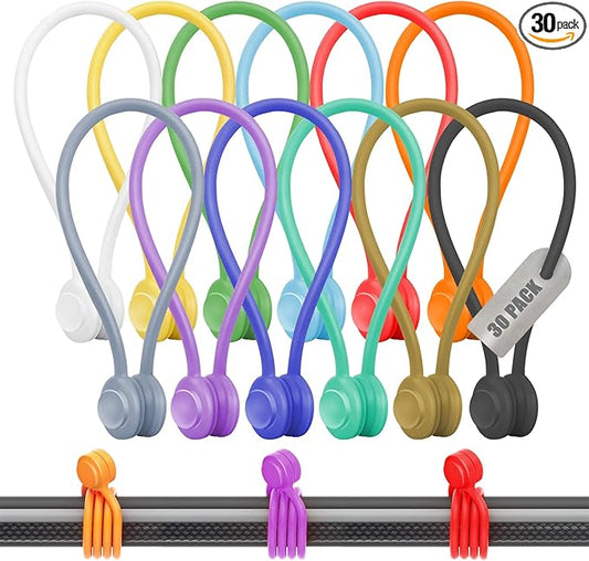 30-Pack Magnetic Cable Ties – Snap-On Silicone Magnetic Cord Ties with Strong Magnets – Reusable Magnetic Ties for Cords, Wire Organizer, Charging Cord Organizer – Assorted Colors