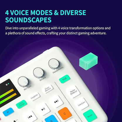 Bonkyo Gaming Audio Mixer & USB Interface with XLR Microphone, Bluetooth 5.0, RGB Effects, 48V Phantom Power, Voice Changer, G1 Sound Card for PS5, TikTok Live Streaming, Podcasting（White）