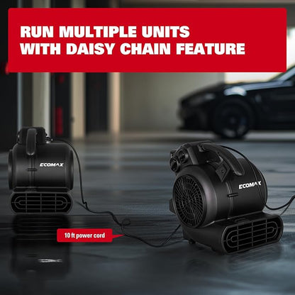 ECOMAX Air Mover, 950 CFM, Floor Fan, Carpet Dryer, Blower Fan, 3-Speed Mode, 3 Blowing Angles, Daisy Chain, Timing Function, for Water Damage Restoration, Flooding, Plumbing, Gym and Home, EMAM1090A
