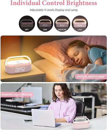 COLSUR Bluetooth Speaker Alarm Clock with Wireless Charger, FM Radio, Adjustable LED Night Light, 6 in 1 Bedroom Portable Speaker 2500mAh, Phone Stand for Bedside, Home, Office, Gift (Pink)