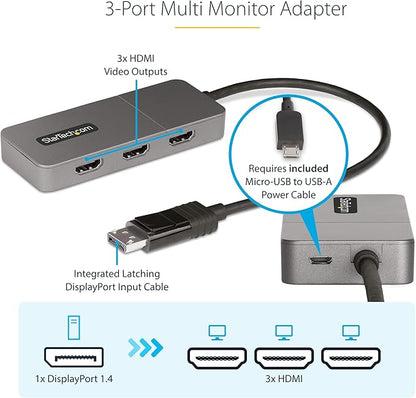 StarTech.com 3-Port MST Hub - DisplayPort to 3X HDMI, Triple 4K 60Hz Monitors, DP 1.4 Multi-Monitor Video Adapter, 1ft (30cm) Built-in Cable, USB Powered, Windows Only (MST14DP123HD)