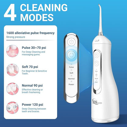 JNGOODS Cordless Water Dental Flosser Oral irrigator,JNGOODS 300ml Rechargeable Water flosser for Teeth IPX7 Waterproof 4 Modes Portable Oral Irrigator with 4 Jet Tips, Travel Home use (White)