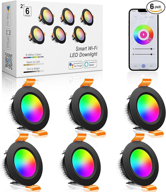 inShareplus 2 Inch Smart Recessed Lighting, 6 Pack WiFi Black LED Downlight 5W 120V, Dimmable RGBCW 2700-6500K Color Changing, Compatible with Alexa/Google, Ceiling Lights with LED Driver