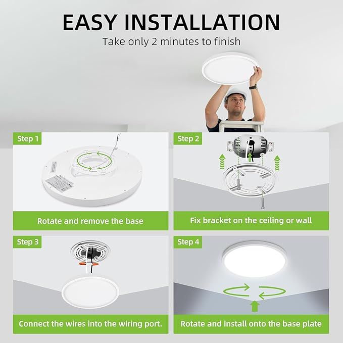 hykolity 2 Pack 12 Inch Selectable CCT LED Round Flat Panel Light, 24W 3000K/4000K/5000K, Edge-Lit Flush Mount Ceiling Light Fixture for Kitchen, Bedroom, Laundry and Closet Room，White