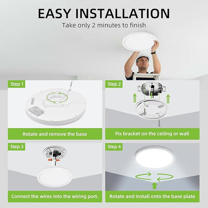 hykolity 2 Pack 12 Inch Selectable CCT LED Round Flat Panel Light, 24W 3000K/4000K/5000K, Edge-Lit Flush Mount Ceiling Light Fixture for Kitchen, Bedroom, Laundry and Closet Room，White