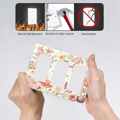 Bvtewkhz Floral Plant Watercolor Flowers 3 Gang Triple Rocker Decorative Outlet Covers Light Switch Plate Electrical Receptacle Switchplate For Bathroom Kitchen Bedroom