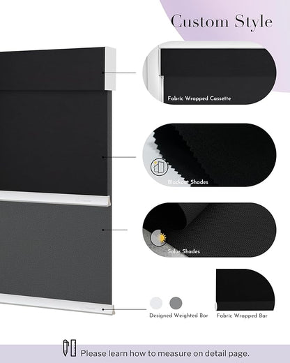 Graywind Motorized Dual Shades for Windows Smart Double Blinds Blackout and Solar Motorized Blinds with Remote Alexa Google Control Day Night Shades, Custom Size (Blackout Black)