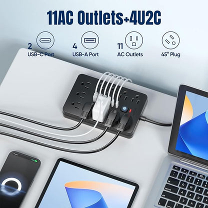 JouleLoom 10 FT Flat Plug Surge Protector Power Strip,11 Multiple AC Outlets with 6 USB Ports (2 USB C), 10 Feet Extension Cord, 1250W/10A, One Touch Switch Button, 17 in 1 Compact powerstrip