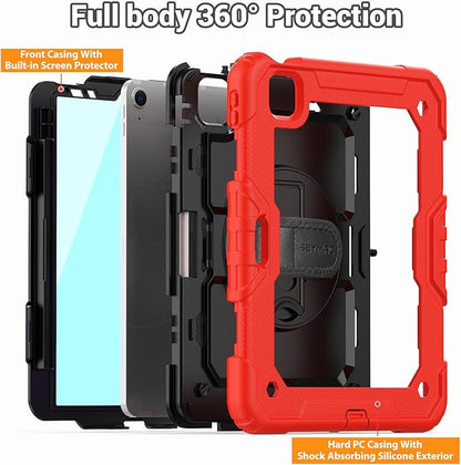 SEYMAC for iPad Air 5th/4th Generation Case 10.9 Inch, Full-Body Heavy Duty Protective Case with Rotating Stand, Screen Protector and Hand/Shoulder Strap for Air 5/ Air 4, Red