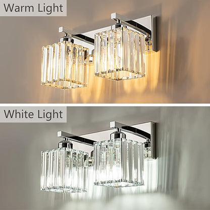 FDPBY Modern Bathroom Vanity Light 2-Lights Chrome Crystal Bathroom Wall Light Vanity Light Fixtures，12.59-inch Modern Minimalist Design