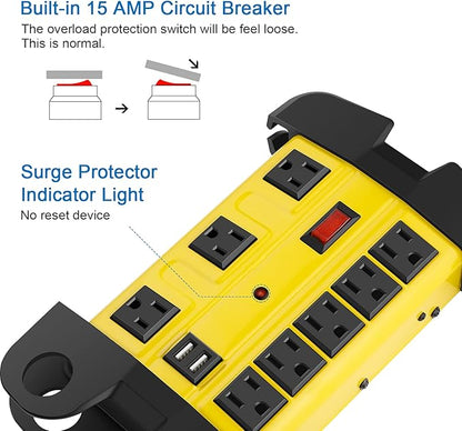 Heavy Duty Power Strip with USB, Workshop 8 Outlet Surge Protector 2700 Joules, Industrial Metal 15Amp Power Strip, 15 FT Extension Cord and Wide Spaced. Yellow