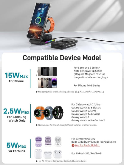 3 in 1 Magnetic Wireless Charger for Samsung, Foldable MagSafe Wireless Charging Station for Samsung Galaxy S25 Ultra/Z Fold7/Flip7/S24, Watch Charger for Galaxy Watch Ultra/8/7/Buds (for Travel)