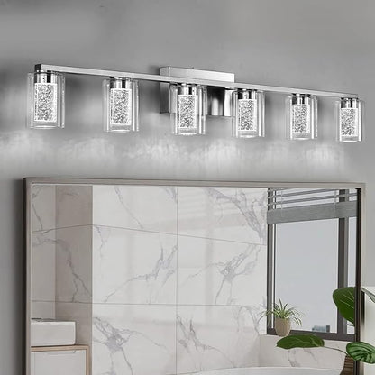 SADENICEL 6 Light Brushed Nickel Bathroom Light Fixtures, LED Vanity Lights Crystal White/Neutral/Warm Bathroom Lights Over Mirror for Bathroom, Bedroom,Living Room (6 Light)