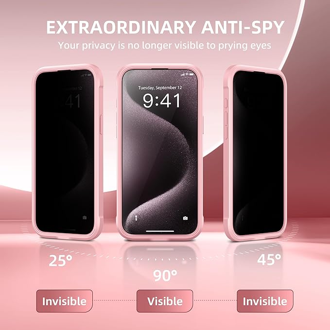 Magnetic for iPhone 15 Pro Max Case, Compatible with MagSafe, Built-in Privacy Screen Protector and Camera Protection, Anti Spy Full Body Dustproof Shockproof Hard Phone Case 6.7", Pink