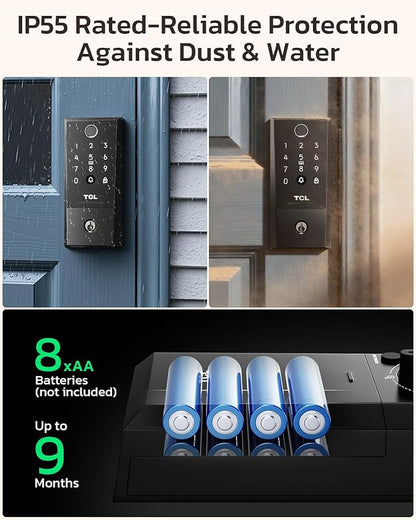 TCL D2 Plus Fingerprint Smart Lock, Wi-Fi Keyless Entry Door Lock, IP55 Weatherproof, Built-in Doorbell, Auto Lock, Easy Install, Black
