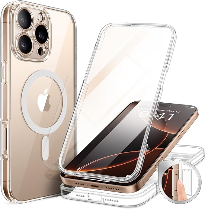 BERFY Magnetic for iPhone 16 Pro Case, Compatible with Magsafe, Built-in 9H Tempered Glass Screen Protector & Upgraded Camera Protection, Full-Body Shockproof Phone Case for 16 Pro 6.3", Clear