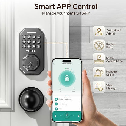 VCHOO Keyless Entry Door Lock with Handle, App Control Door Locks for Front Door, Auto Lock Keypad Door Lock with Handle, Smart Door Lock for Home Hotel Bedroom with 2 Door Knobs
