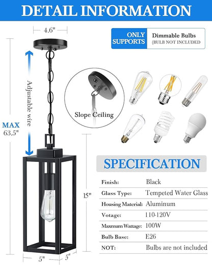 MYHXQ 15'' Large Motion Sensor Outdoor Pendant Lights, Dusk to Dawn Modern Outside Chandelier Outdoor Hanging Lantern with Clear Glass, Exterior Pendant Lighting Fixture for Porch, Yard, Black, 1Pack