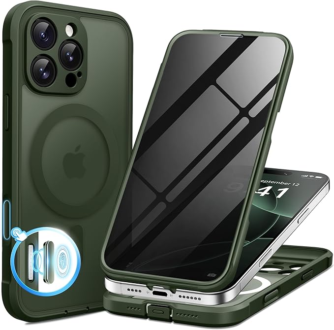 BERFY Magnetic for iPhone 16 Pro Case, Compatible with MagSafe, Built-in Privacy Screen Protector and Upgraded Camera Protection, Anti-Spy Full Body Shockproof Phone Case for 16 Pro 6.3", Green