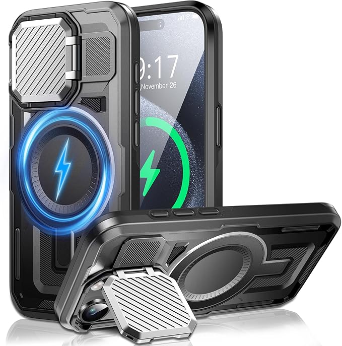 Camera Stand Case for iPhone 15 Pro Max, [Compatible with MagSafe] [Lens Cover] 2024 Version Military Grade Protective Soft Case for iPhone 15 Pro Max 6.7 inch Men Women, Black