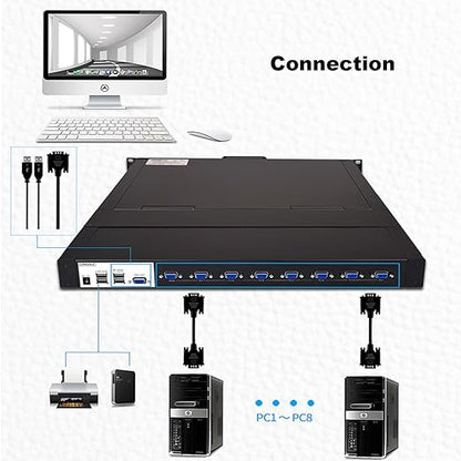 MT-VIKI Rack KVM Switch w/ 19'' LCD Monitor, Rackmount KVM Monitor Console Drawer+Keyboard+Touchpad+8 VGA Cable, Support OSD/Hotkey/Button Switch, 1280X1024@60H