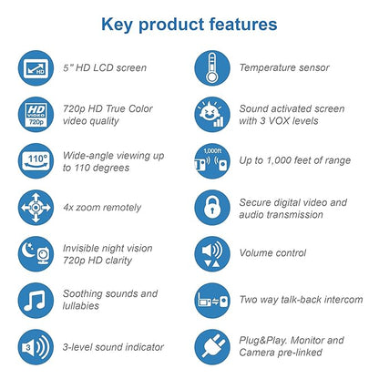 VTech VM818HD Baby Monitor, 5" 720p Screen, Night Light, 110-degree Wide-Angle True-Color DayVision, HD No Glare NightVision, 1000ft Range, 2-Way Talk, Secure Transmission No WiFi
