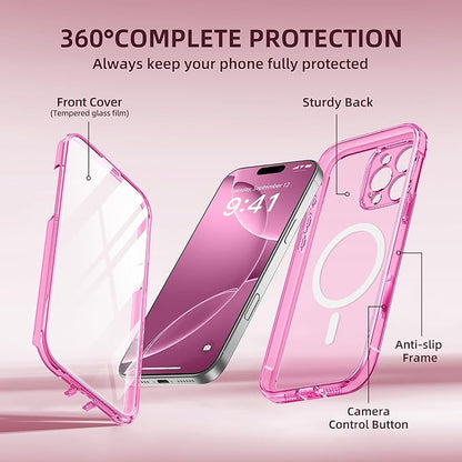 BERFY Magnetic for iPhone 16 Pro Case, Compatible with MagSafe, [Built-in 9H Tempered Glass Screen Protector & Upgraded Camera Protection] Full Body Shockproof Phone case for 16 Pro 6.3", Bright Pink
