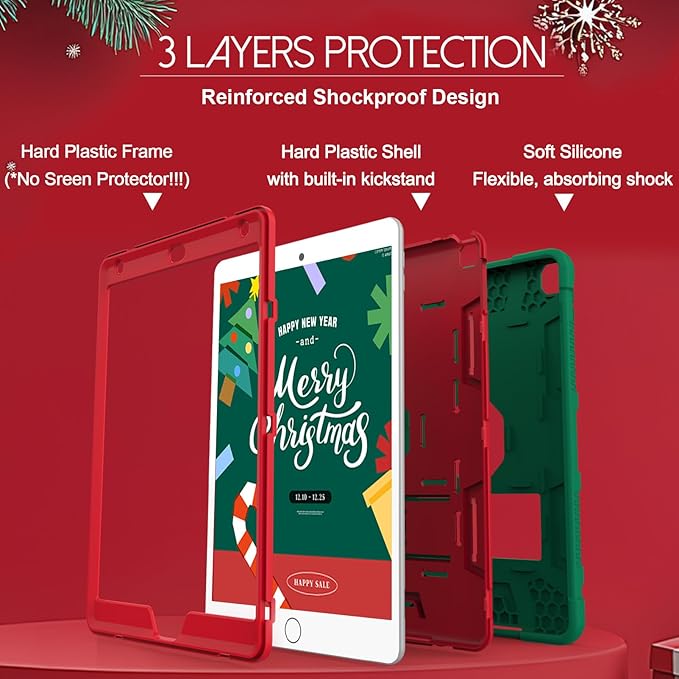 Rantice iPad 9th Generation Case, iPad 8th Generation Case, iPad 7th Generation Case, Hybrid Shockproof Rugged Drop Protection Cover with Kickstand for iPad 10.2'' （DarkGreen+Red