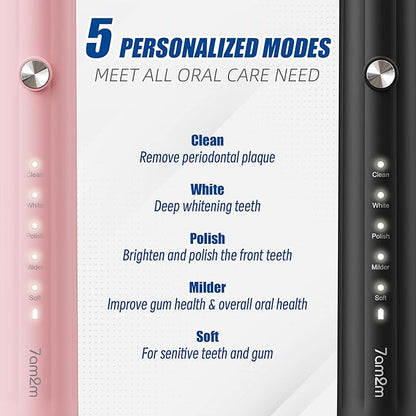 7AM2M Rechargeable Sonic Electric Toothbrush 2 Pack, Soft Toothbrushes for Adults and Kids with 12 Brush Heads, IPX7 One Charge Use for 90 Days, 5 Modes with 2 Minutes Build in Smart Timer