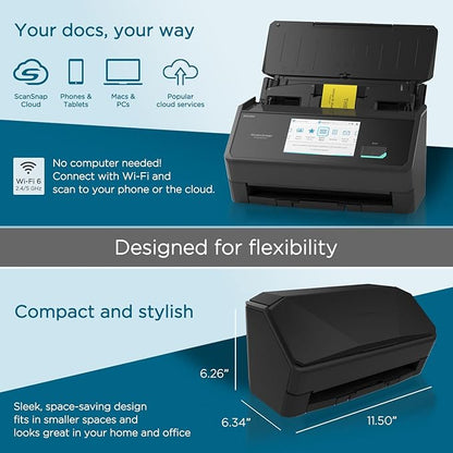 ScanSnap iX2500 Wireless or USB High-Speed Cloud Enabled Document, Photo & Receipt Scanner with Large 5" Touchscreen and 100 Page Auto Document Feeder for Mac or PC, Black