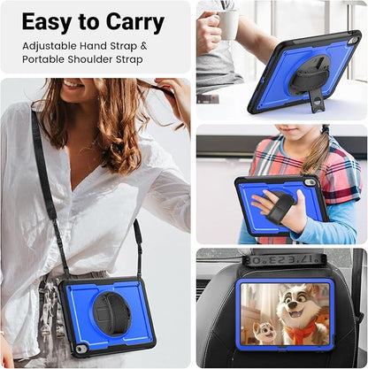SCSVPN Case for iPad (A16) 11th Generation 11 Inch 2025 / 10th Generation 10.9 Inch 2022, Shockproof Protective Case with Screen Protector, Pencil Holder, Rotating Stand, Hand/Shoulder Strap - Blue