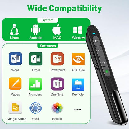 Presentation Clicker for Powerpoint with Green Light Pointer, 2-in-1 USB Type C Rechargeable Wireless Clicker with Hyperlink Volume Control, Pointer for Presentations Support Mac Windows