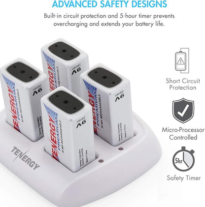 Tenergy TN136 4 Bay 9V Smart Charger with 4 Pieces Tenergy Premium 9V NiMH Rechargeable Batteries