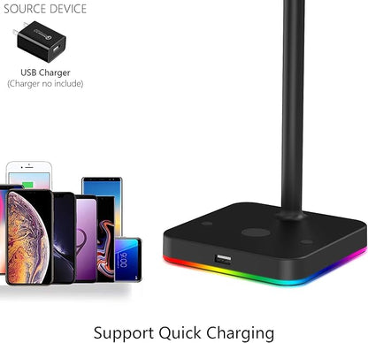 KAFRI RGB Headphone Stand with USB Hub Desk Gaming Headset Holder Hanger Rack with 1 USB2.0 Extension Charging Port Extender Cord - Suitable for Gamer Desktop Table Game Earphone Accessories, Black