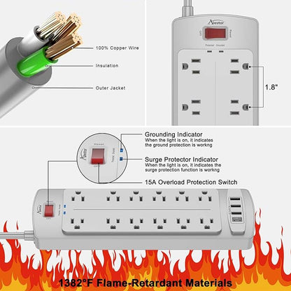 Power Strip, ALESTOR Surge Protector with 12 Outlets and 4 USB Ports, 6 Feet Extension Cord (1875W/15A), 2700 Joules, ETL Listed, Grey