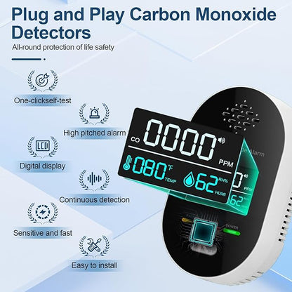 Carbon Monoxide Detector Plug in Wall, 3-in-1 CO Detector with Temperature Humidity Sensor, Portable Carbon Monoxide Detectors Easy to Read & Install, for Home/Office/Hotel/Travel/RV