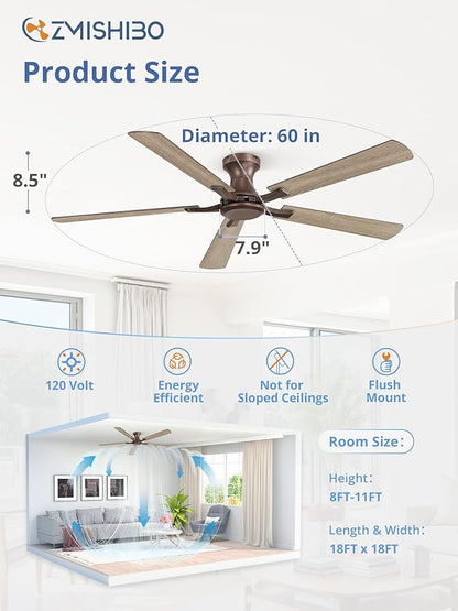 ZMISHIBO 60 Inch Ceiling Fan No Light, Flush Mount Low Profile, Farmhouse Brown Ceiling Fan Without Light, Remote Control & Quiet DC Motor, for Indoor&Outdoor, Bedroom, Living Room